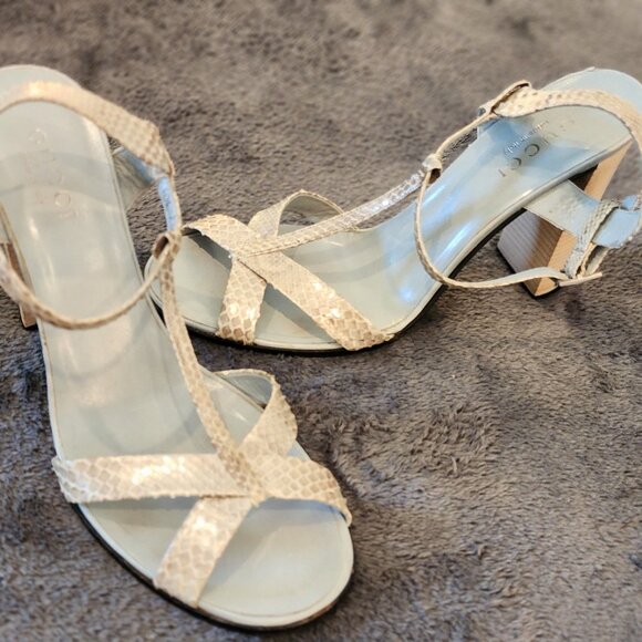 GUCCI Snakeskin Strappy Block Heel Sandals – Beige – Size 9 - Picture 3 of 9